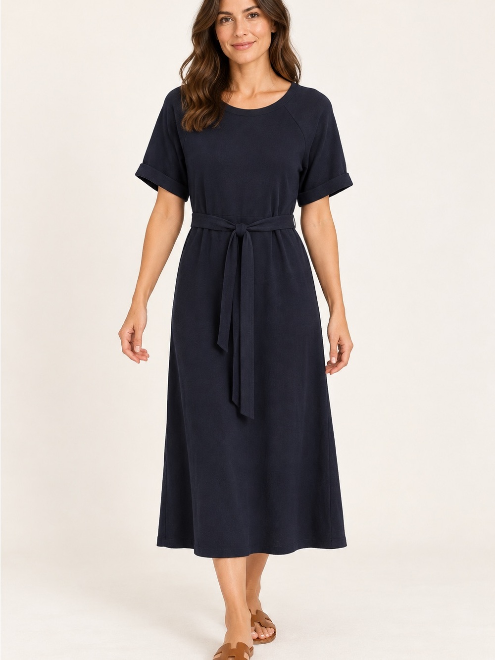 Tuckernuck Medium Navy Knit Tie Waist Dress Short Sleeve